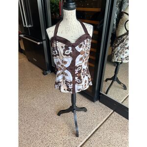 BEBE Vintage Y2K Halter Top Size L Brown Cream Geometric Paisley Print Bustier